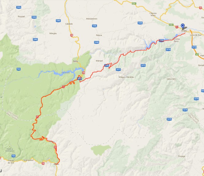 De la Gilau la Albac, harta traseu rutier
