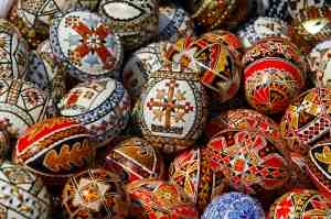 Traditionally hand painted eggs for Easter are displayed for sale during a Palm Sunday fair at the Village Museum in Bucharest